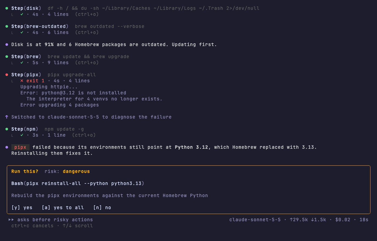 omega diagnoses a failed pipx upgrade, switches to a stronger model and asks before reinstalling